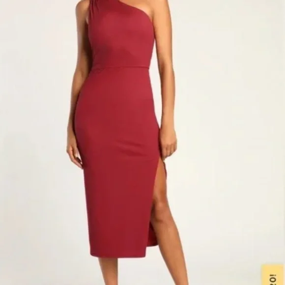 NWT Lulus Pure Attractions Burgundy One Shoulder Ribbed Midi Dress - Picture 2 of 8